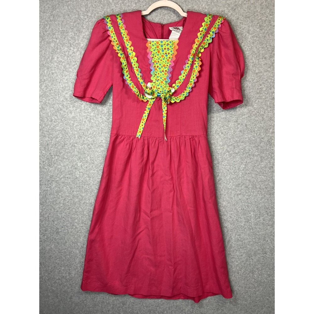 Vintage 80s Lanz Originals Pink Sailor Collar Bow Dress Ric Rac Polka Dot USA 44